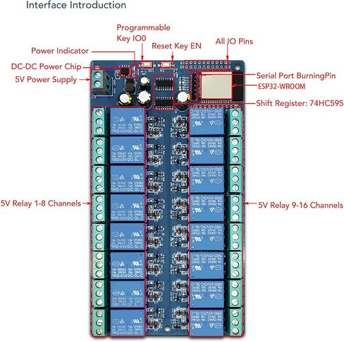16 Channel Relay Module Board for ESP32-WROOM with DC5-12V Power Supply, 4M Flash, Button, IDE Compatible, 5V Output, PCB Material in Saudi Arabia