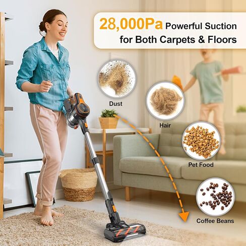 28Kpa Cordless Vacuum Cleaner, 8-in-1 Lightweight Cordless Stick Vacuum, 300W Rechargeable Vacuum with 2500m-Ah Battery, 45min Runtime Powerful Stick Vacuum for Pet Hair Hard Floor Carpet in Saudi Arabia