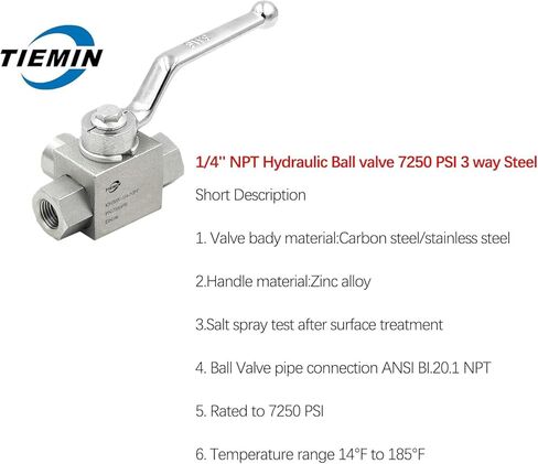Tiemin عالية الضغط صمام الكرة الهيدروليكية 3/8 "NPT ، 3 طريق صمام الكرة ، 3/8 بوصة الصمام الهيدروليكي 7250 رطل ، والفضي. in Kuwait