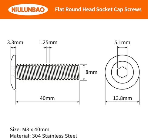 M8-1.25 x 25mm Flat Round Head Hex Socket Cap Screws Bolts, Furniture Screws, 304 Stainless Steel, Metric Allen Hex Drive, Machine Fully Threaded, Bright Finish, 20PCS in Kuwait