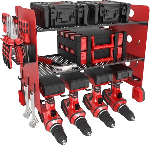 NWH Power Tool Organizer Wall Mount,Tool Organizer with 5 Drill Racks in Garage, 3 Levels of Storage Space, Heavy Duty Metal Power Tool Storage Rack Tool Shelf for Garage Organization in Kuwait