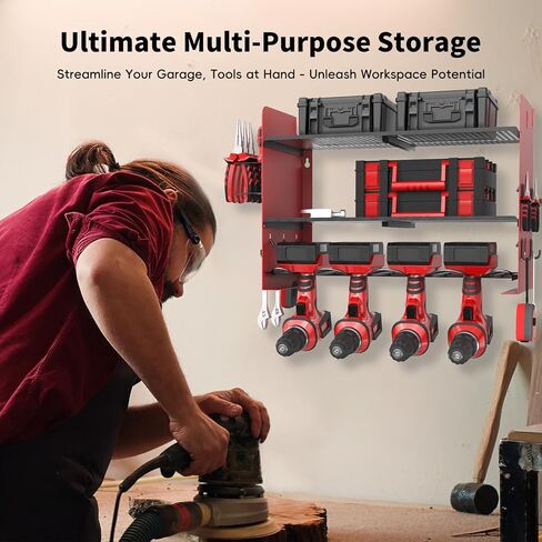 NWH Power Tool Organizer Wall Mount,Tool Organizer with 5 Drill Racks in Garage, 3 Levels of Storage Space, Heavy Duty Metal Power Tool Storage Rack Tool Shelf for Garage Organization in Kuwait