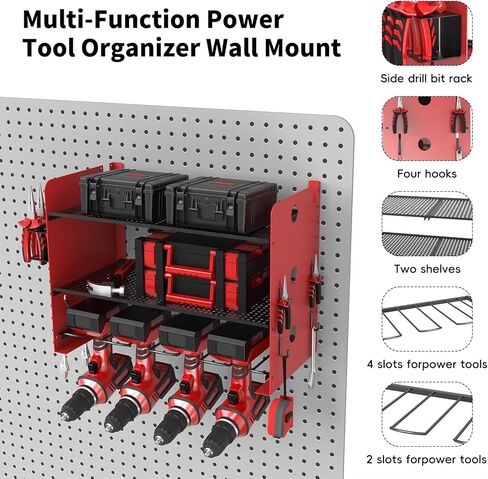 NWH Power Tool Organizer Wall Mount,Tool Organizer with 5 Drill Racks in Garage, 3 Levels of Storage Space, Heavy Duty Metal Power Tool Storage Rack Tool Shelf for Garage Organization in Kuwait