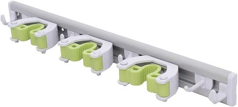 Pine-Sol Mop and Broom Holder - Hanging Wall Mount Storage Rack with 3 Slots and 6 Hooks - Adjustable Cleaning Tool Organizer for Garage, Kitchen, and Utility Closet in Kuwait