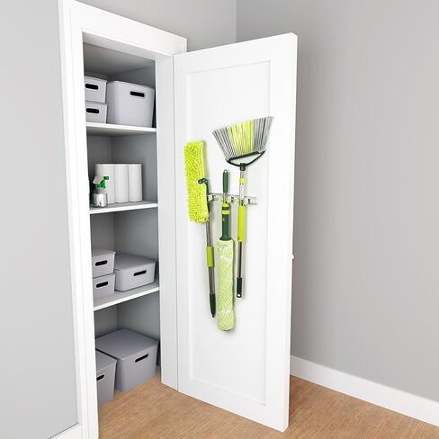 Pine-Sol Mop and Broom Holder - Hanging Wall Mount Storage Rack with 3 Slots and 6 Hooks - Adjustable Cleaning Tool Organizer for Garage, Kitchen, and Utility Closet in Kuwait