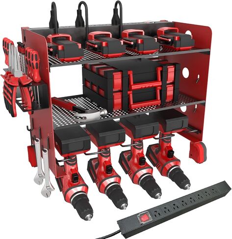 NWH Power Tool Organizer Wall Mount,Tool Organizer with 5 Drill Racks in Garage, 3 Levels of Storage Space, Heavy Duty Metal Power Tool Storage Rack Tool Shelf for Garage Organization in Saudi Arabia