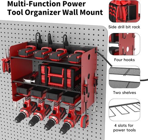 NWH Power Tool Organizer Wall Mount,Tool Organizer with 5 Drill Racks in Garage, 3 Levels of Storage Space, Heavy Duty Metal Power Tool Storage Rack Tool Shelf for Garage Organization in Saudi Arabia