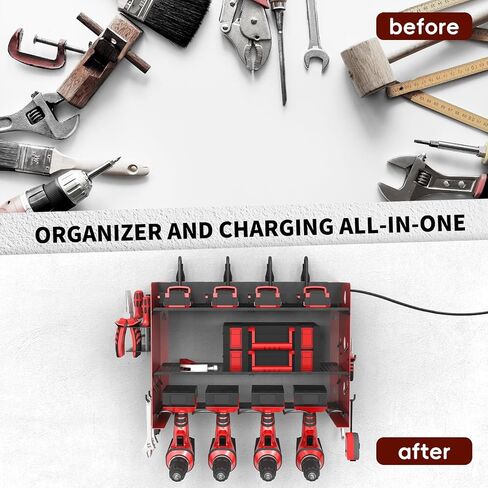 NWH Power Tool Organizer Wall Mount,Tool Organizer with 5 Drill Racks in Garage, 3 Levels of Storage Space, Heavy Duty Metal Power Tool Storage Rack Tool Shelf for Garage Organization in Saudi Arabia