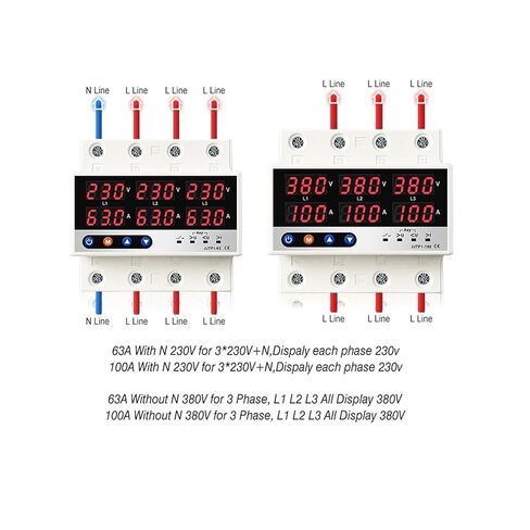 3 Three Phase Voltage Current Relay Protector 100A 63A 60A 220V 3P Over Under Voltage Relay Current Limiter Adjustable Protect 1Pcs(63A Without N 380V) in Saudi Arabia