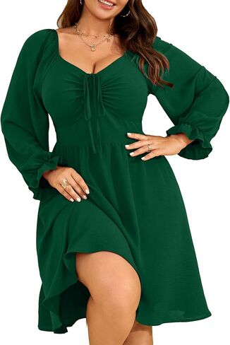 RWJ نساء بالإضافة إلى الحجم فستان الصيف طويل الأكمام التعادل الأمامي الحبيب الرقبة A-LINE LINE MINI GEED DUTSES 2025 in Kuwait