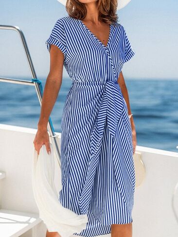 CUPSHE Women's V Neck Wrap Dress Twisted Slit Pleated Waist Tie Short Sleeve Summer Midi Dresses in Saudi Arabia