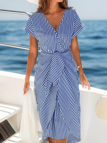 CUPSHE Women's V Neck Wrap Dress Twisted Slit Pleated Waist Tie Short Sleeve Summer Midi Dresses in Saudi Arabia