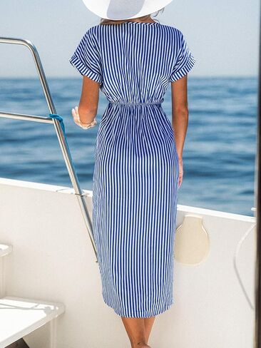 CUPSHE Women's V Neck Wrap Dress Twisted Slit Pleated Waist Tie Short Sleeve Summer Midi Dresses in Saudi Arabia
