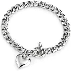COOLSTEELANDBEYOND Womens Stainless Steel Rolo Link Chain Bracelet with Dangling Puff Heart, Toggle Clasp, Polished