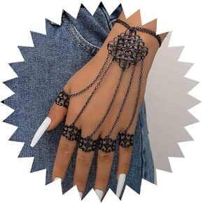 Layered Chain Tassel Finger Bracelet Black Chain Rings Bracelet Vintage Filigree Slave Bracelet Multilayer Chain Finger Hand Chain Hollow Hand Harness Jewelry for Women and Girls