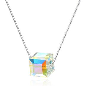 925 Sterling Silver Cube Cubic Candy Square Aurora Borealis Necklace