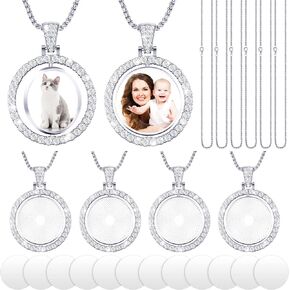 Fumete 24 Pcs Sublimation Rhinestone Pendant Set Including Round Rhinestone Bezel Trays Double Sided Blank Pendant Charms Thick Chains Sublimation Discs for Christmas DIY Making(White)