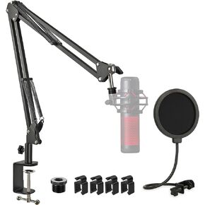 QuadCast Mic Boom Arm Stand with Pop Filter, Adjustable Microphone Boom Arm with Upgrade Desk Table Mount Clamp for HyperX QuadCast, QuadCast S-RGB USB Condenser Microphone by Rigych