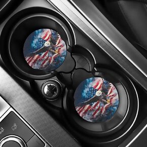 AFPANQZ American Flag Eagle Car Coasters for Drinks Absorbent Cup Holder Coasters 2 Pack, 2.75 Inches Auto Round Rubber Coasters, Universal Felt Pad Mat