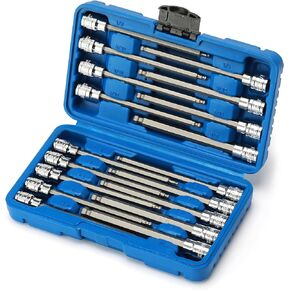 CASOMAN 3/8"Drive Extra Long Ball-End Hex Bit Socket Set, 18 Piece Allen Socket Set, Metric & SAE, 3mm to 10mm, 1/8" to 3/8", CR-V and S2 Steel