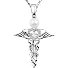 S925 Silver Caduceus Angel Nursing Themed Pendant Necklace Pearl Snake Angel Wings Necklace Heart Cross Nurse Necklace for Nurse Nursing School Students Birthday Gifts