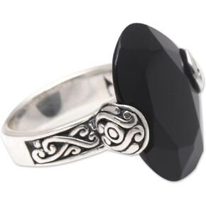 NOVICA Artisan Handmade Onyx Cocktail Ring Oval .925 Sterling Silver from Bali Red Single Stone Indonesia Birthstone 'Mysterious Oval'