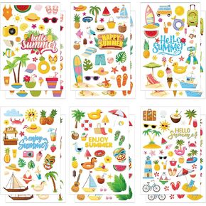 344pcs Summer Stickers for Kids, 12 Sheets Cartoon Vacation Stickers Decals Pool, Pineapple, Sun Beach Theme Sticker for Tropical Hawaii Party Favors, Holiday, Scrapbooking, Journal, Scrapbook, Craft
