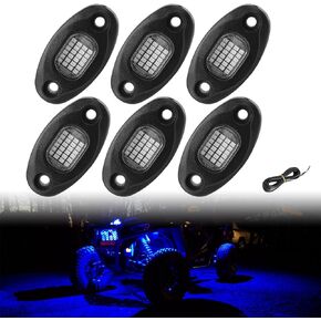 SUNPIE 6 Pods Blue Rock Lights 24 LEDs Aluminium Metal UnderGlow Light with 32.8Ft Extension Wires, IP67 Waterproof Fender Lighting for Trailer Off Road Trucks Sedans SUV ATV UTV Motorcycles Boats