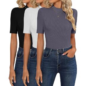 Neer 3 Pack Women's Mock Turtleneck Tops, Short Sleeve Rib Knit Shirts Mock Neck Tops Business Casual Basic Tee Blouses
