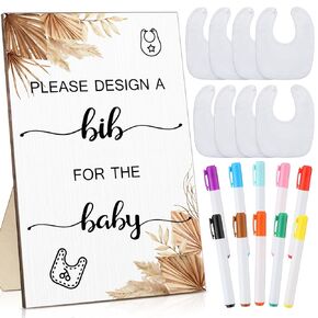 Qunclay 37 Pcs Baby Shower Games 1 Baby Shower Game Sign 25 DIY White Bibs for Boys Girls Guest Design Game with 10 Fabric Markers Baby Shower Keepsake for Guest New Parents(Bear)