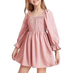 Girls Summer Ruffle Casual Dress Kids Square Neck Lantern Sleeve Short Knee Length Tween Dresses