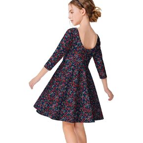 LaBeca Girls' Backless Dress Floral and Unicorn Printed A-line Swing 3/4 Sleeve Dress for 5-12 Years