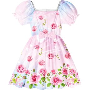 LQSZ Girls Dresses Princess Party Tutu Dress Summer Puff Sleeves Casual Dresses for Girls Ages 2-12