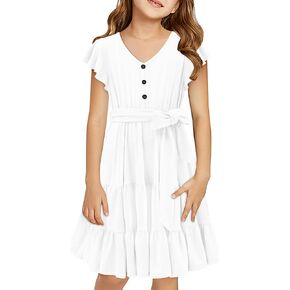 storeofbaby Girls Short Sleeve Dress V Neck Button Ruffle Hem Dresses with Belt 5-14 Years