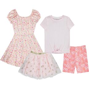 BTween Girls 4-Pack Dress Wardrobe Sleeveless Dress, T-Shirt, Shorts, Skirt - Aqua, Flora, Laven, Pink - Sizes 4/5 to 14-16