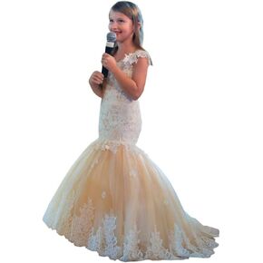 Lace Mermaid Flower Girl Dresses Off Shoulder Kids Pageant Party Dress