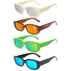 SUNOVELTIES 4 Pack Women's Rectangle Sunglasses Retro Mirrored Lenses Square Vintage Glasses 90s Y2K Aesthetic Accessories