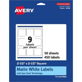 ملصقات مربعة بيضاء غير لامعة من Avery مع تغذية مؤكدة، 2.5 بوصة × 2.5 بوصة، 225 ملصق أبيض غير لامع قابل للطباعة