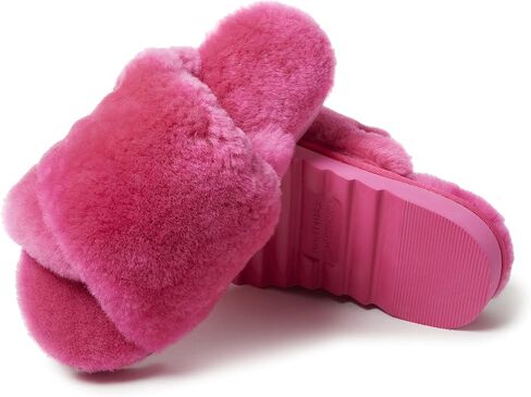 Women’s Fluffy Furry Genuine Shearling Cross Band Slipper Open Toe Slides in Saudi Arabia