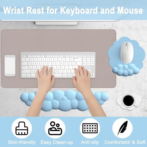 Cloud Shape Wrist Rest and Mouse Pad 2PCS Non-Slip Soft Cute Mouse Pad Wrist Support for Keyboard Ergonomic Leather Mousepad Wrist Rest Keyboard for Laptop Mac, Easy Typing and Pain Relief, Blue in Saudi Arabia