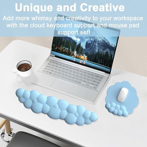 Cloud Shape Wrist Rest and Mouse Pad 2PCS Non-Slip Soft Cute Mouse Pad Wrist Support for Keyboard Ergonomic Leather Mousepad Wrist Rest Keyboard for Laptop Mac, Easy Typing and Pain Relief, Blue in Saudi Arabia