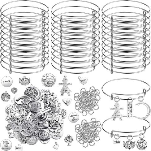 294 Pcs Family Mom Words Bracelet Making Kit, 30 Pcs Expandable Bangle Adjustable Wire Bracelets 64 Pcs Love Heart Moon Shaped Mother's Day Charm Pendant 200 Pcs Jump Ring for DIY Craft Jewelry Making in Saudi Arabia