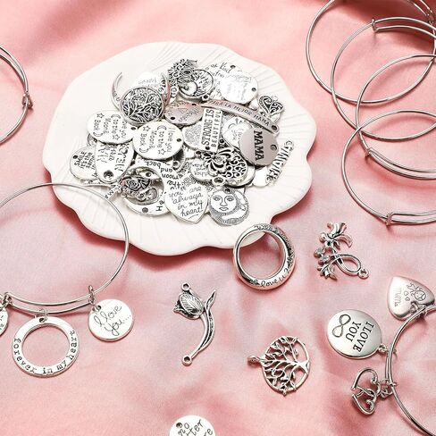 294 Pcs Family Mom Words Bracelet Making Kit, 30 Pcs Expandable Bangle Adjustable Wire Bracelets 64 Pcs Love Heart Moon Shaped Mother's Day Charm Pendant 200 Pcs Jump Ring for DIY Craft Jewelry Making in Saudi Arabia