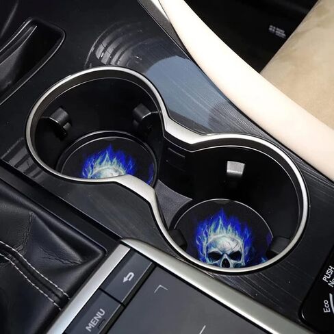 Blue Fire Skull Car Cup Coasters 2 Pack Absorbent Car Coasters to Keep Your Car Cup Holders Clean and Dry 2 Pack Car Cupholder to Keep Your Car Clean and Dry in Saudi Arabia