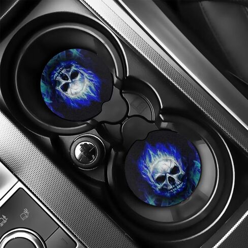 Blue Fire Skull Car Cup Coasters 2 Pack Absorbent Car Coasters to Keep Your Car Cup Holders Clean and Dry 2 Pack Car Cupholder to Keep Your Car Clean and Dry in Saudi Arabia