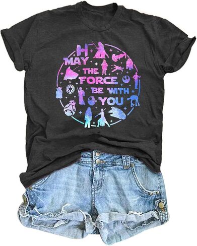 May The Power Be with You Shirt Women Vintage Magical T-Shirt Funny Magic Graphic Tee Family Vacation Casual Short Sleeve Top in Saudi Arabia