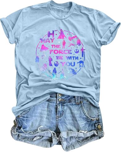 May The Power Be with You Shirt Women Vintage Magical T-Shirt Funny Magic Graphic Tee Family Vacation Casual Short Sleeve Top in Saudi Arabia
