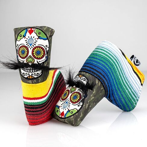 غطاء رأس Pins & Aces LE Sugar Skull Moustache Blade Putter - غطاء رأس مضرب جلدي فاخر مصنوع يدويًا - غطاء نادي جولف مضحك بجودة عالية - قم بتصميم حقيبة الجولف الخاصة بك وتخصيصها in Saudi Arabia