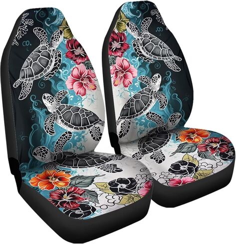 Bulopur Black & White Sea Turtle Floral Printed Automobile Seat Cover Sets, Car Accessories Interior Decor, 2 Pcs Car Seat Protectors for Car, Truck SUVs in Kuwait