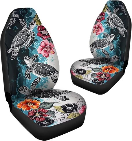Bulopur Black & White Sea Turtle Floral Printed Automobile Seat Cover Sets, Car Accessories Interior Decor, 2 Pcs Car Seat Protectors for Car, Truck SUVs in Kuwait